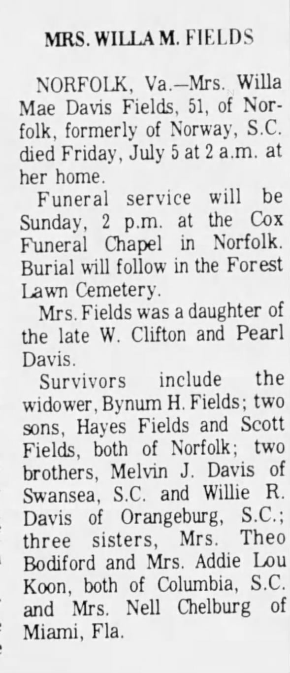 Obituary for Willa Mae Davis WILLAM (Aged 51)